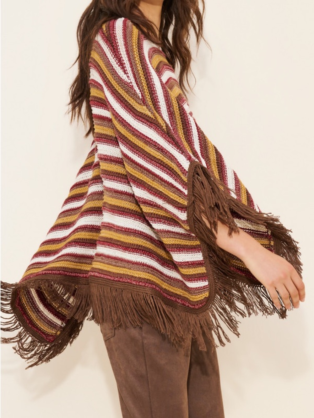 Fringed Striped Poncho Sweater in Brown, Mustard & White - Picture 3 of 3